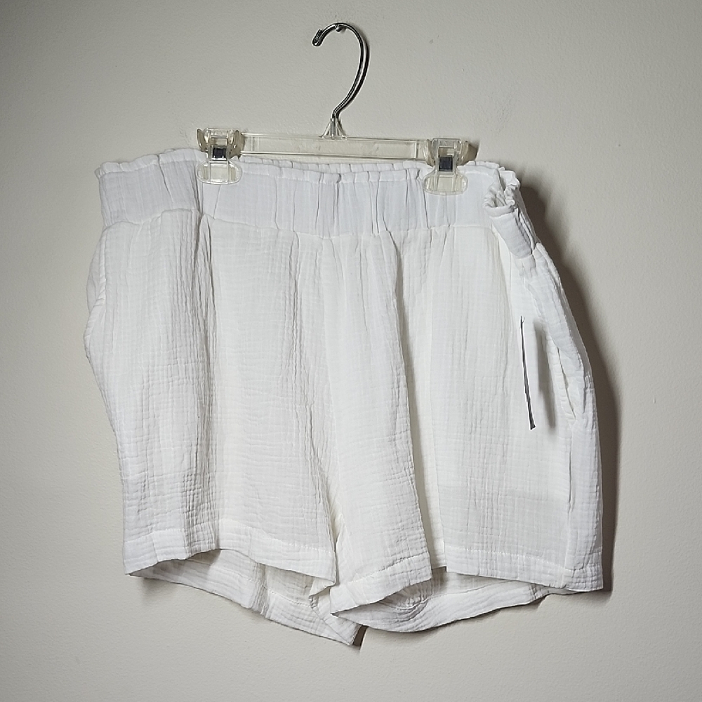 Stitch Star White Slub Cotton Shorts Women's Shorts Pockets Elastic Waist 1XL